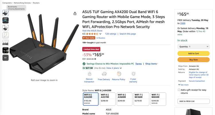 Amazon: ASUS TUF Gaming AX4200 Dual Band WiFi 6 Gaming Router – Was: $349.00, now $165.00